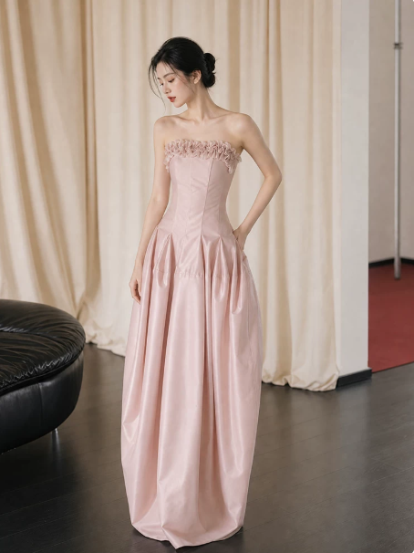 Stunning Pink Silky Applique Strapless A-Line Long Prom Dress Birthday Dress YM2593
