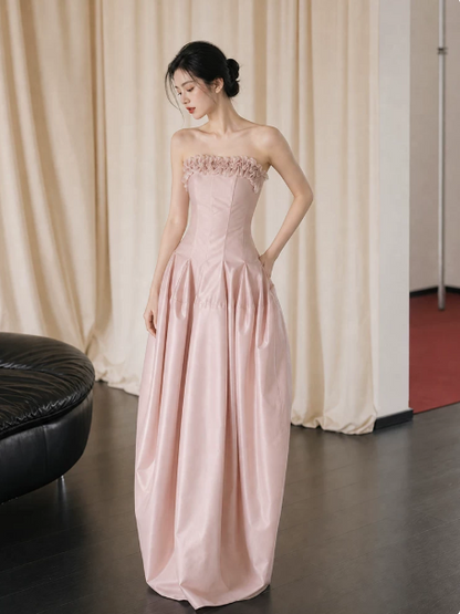 Stunning Pink Silky Applique Strapless A-Line Long Prom Dress Birthday Dress YM2593