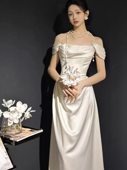 Clean White Satin Silky Bateau Mermaid Long Prom Dress Birthday Dress Ball Gown YM2651