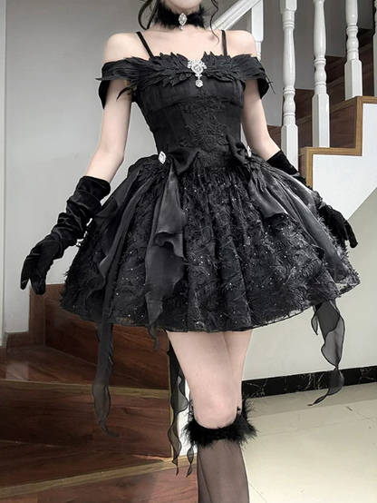 Charming Black Lace Embroidered Spaghetti Straps A-Line Short Prom Dress Party Dress YM2682
