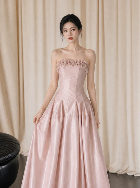 Stunning Pink Silky Applique Strapless A-Line Long Prom Dress Birthday Dress YM2593