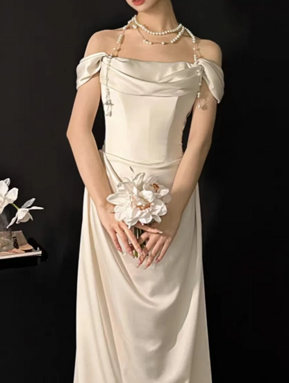 Clean White Satin Silky Bateau Mermaid Long Prom Dress Birthday Dress Ball Gown YM2651