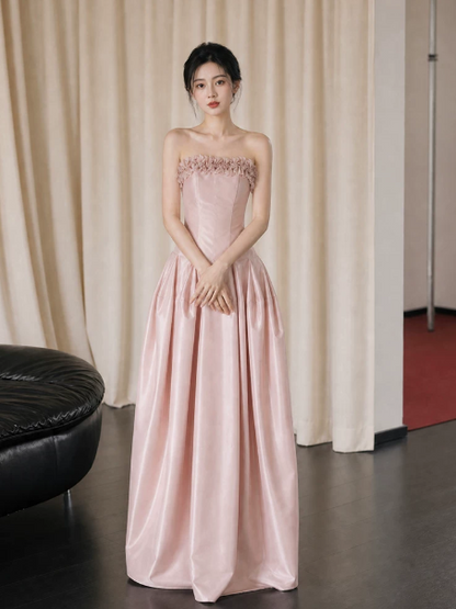 Stunning Pink Silky Applique Strapless A-Line Long Prom Dress Birthday Dress YM2593
