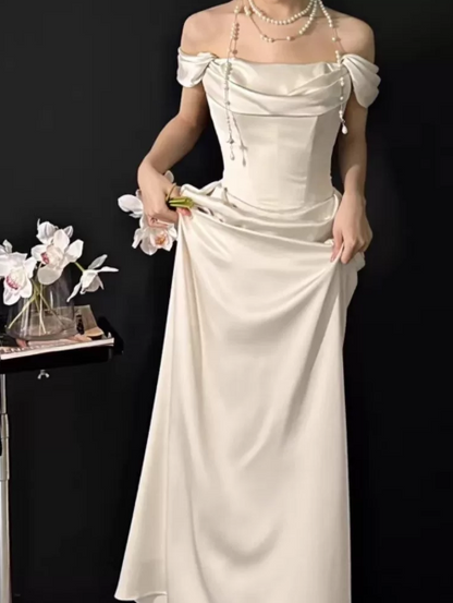 Clean White Satin Silky Bateau Mermaid Long Prom Dress Birthday Dress Ball Gown YM2651