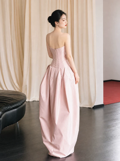 Stunning Pink Silky Applique Strapless A-Line Long Prom Dress Birthday Dress YM2593