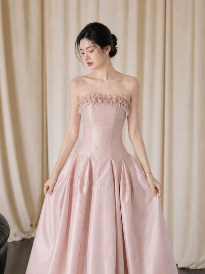 Stunning Pink Silky Applique Strapless A-Line Long Prom Dress Birthday Dress YM2593