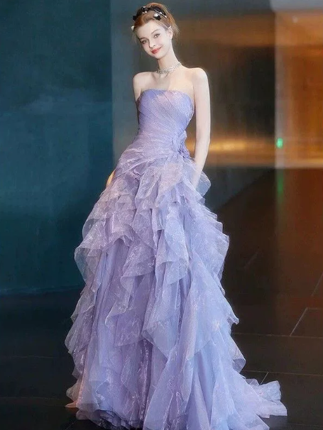 Dreamy Lavender Ruffled Tulle Strapless A-Line Long Prom Dress Birthday Dress YM2594