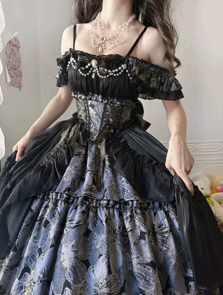 Stunning Black Silky Applique Puffy Strapless A-line Long Prom Dress Birthday Dress Ball Gown YM2678
