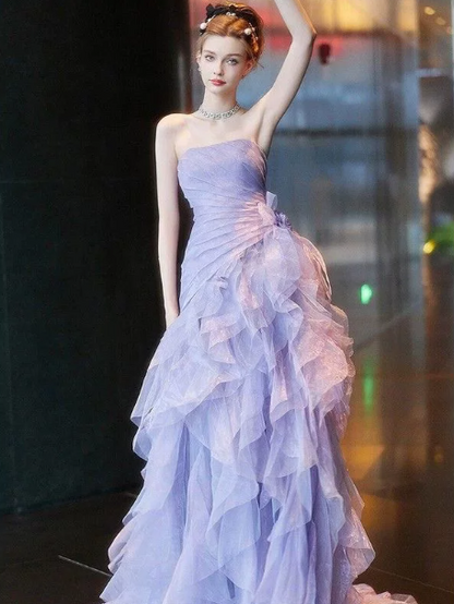 Dreamy Lavender Ruffled Tulle Strapless A-Line Long Prom Dress Birthday Dress YM2594