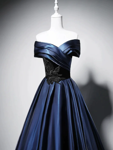 Elegant Navy Satin Silky Strapless A-Line Long Prom Dress Evening Dress Ball Gown YM2652