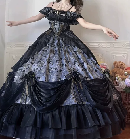 Stunning Black Silky Applique Puffy Strapless A-line Long Prom Dress Birthday Dress Ball Gown YM2678