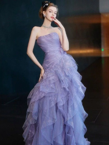 Dreamy Lavender Ruffled Tulle Strapless A-Line Long Prom Dress Birthday Dress YM2594
