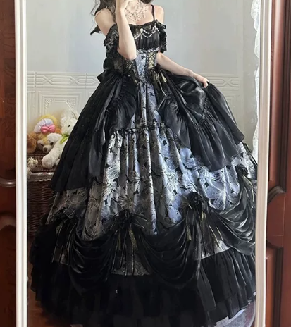 Stunning Black Silky Applique Puffy Strapless A-line Long Prom Dress Birthday Dress Ball Gown YM2678