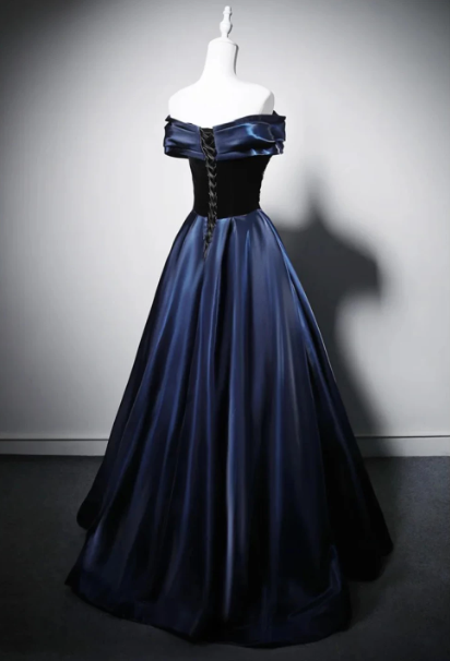 Elegant Navy Satin Silky Strapless A-Line Long Prom Dress Evening Dress Ball Gown YM2652