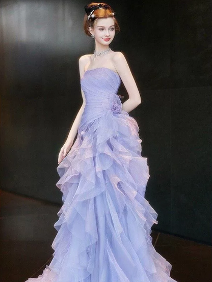 Dreamy Lavender Ruffled Tulle Strapless A-Line Long Prom Dress Birthday Dress YM2594