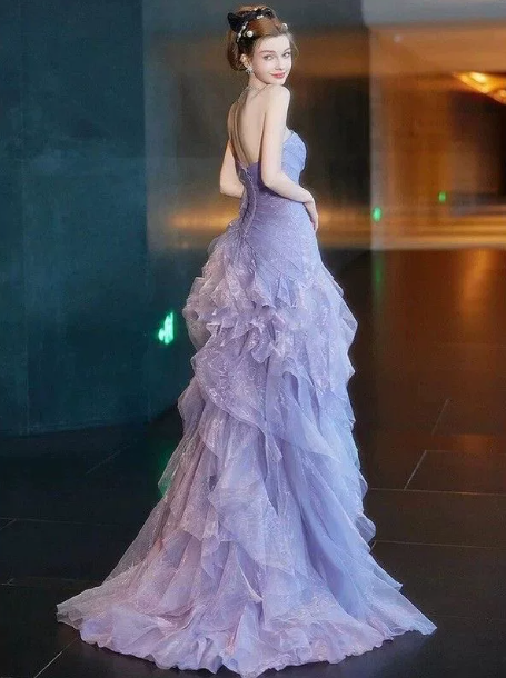 Dreamy Lavender Ruffled Tulle Strapless A-Line Long Prom Dress Birthday Dress YM2594