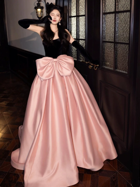 Girlish Black and Pink Satin Silky Strapless A-Line Long Prom Dress Evening Dress Ball Gown YM2653