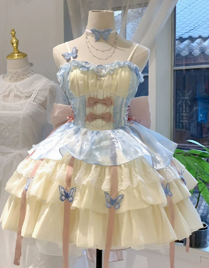 Cute Yellow Patchwork Ruffled Bow Spaghetti Straps A-Line Short Prom Dress Birthday Dress YM2683