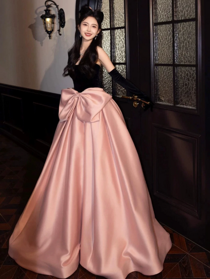 Girlish Black and Pink Satin Silky Strapless A-Line Long Prom Dress Evening Dress Ball Gown YM2653