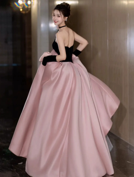 Girlish Black and Pink Satin Silky Strapless A-Line Long Prom Dress Evening Dress Ball Gown YM2653