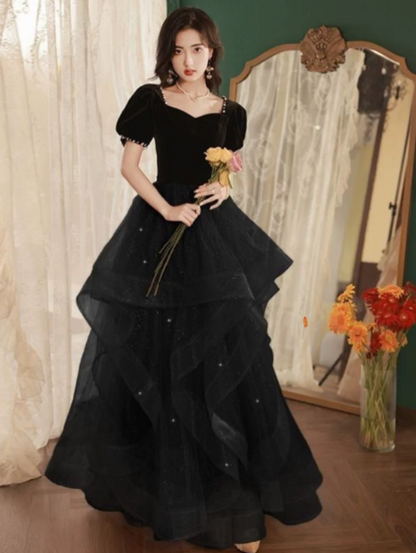 Dreamy Black Ruffled Tulle Square-neck A-Line Long Prom Dress Birthday Dress YM2595