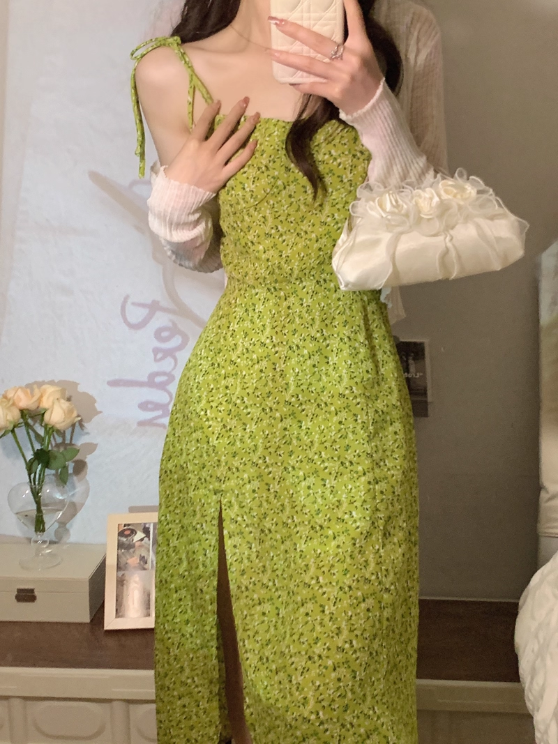Green Suspender Holiday Dress Women's Summer New Seaside Floral Slit Vacation Dress YM2322