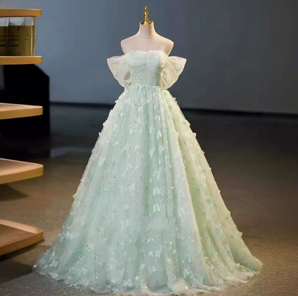 Dreamy Mint Green Applique Tulle Bateau A-Line Long Prom Dress Birthday Dress YM2596