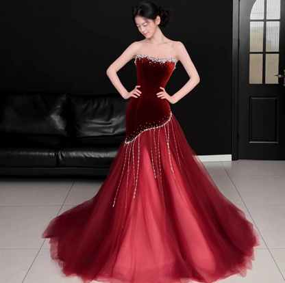 Gorgeous Burgundy Satin Silky Beaded Strapless A-Line Long Prom Dress Evening Dress Ball Gown YM2654