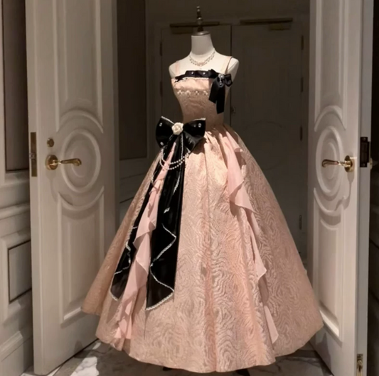 Stunning Pink Silky Bow Puffy Spaghetti Straps A-line Long Prom Dress Birthday Dress Ball Gown YM2679