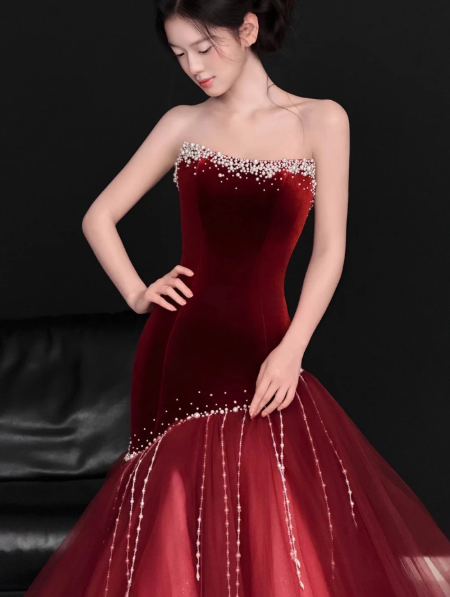 Gorgeous Burgundy Satin Silky Beaded Strapless A-Line Long Prom Dress Evening Dress Ball Gown YM2654
