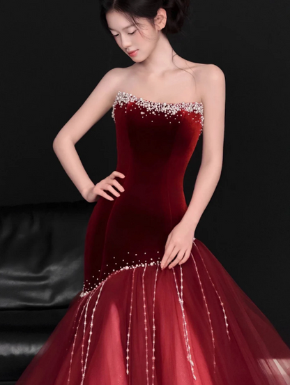 Gorgeous Burgundy Satin Silky Beaded Strapless A-Line Long Prom Dress Evening Dress Ball Gown YM2654