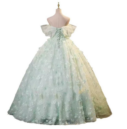Dreamy Mint Green Applique Tulle Bateau A-Line Long Prom Dress Birthday Dress YM2596