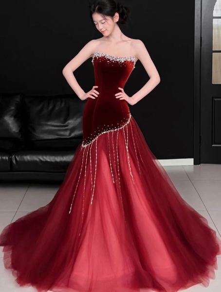 Gorgeous Burgundy Satin Silky Beaded Strapless A-Line Long Prom Dress Evening Dress Ball Gown YM2654