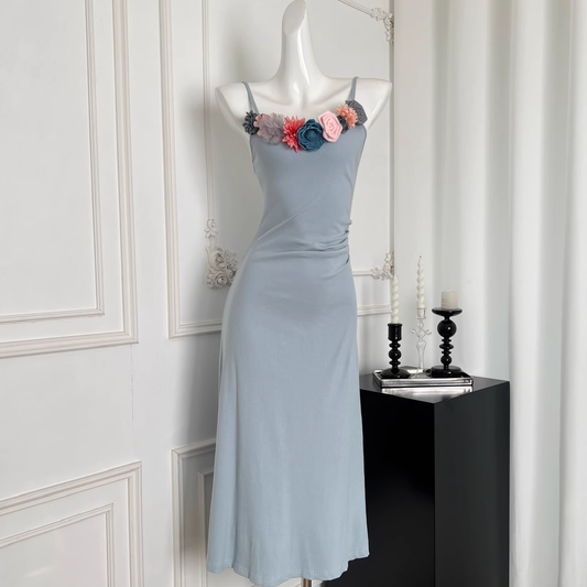Sling Dress New Style Waist Slimming Blue Dress With Flowers YM1772
