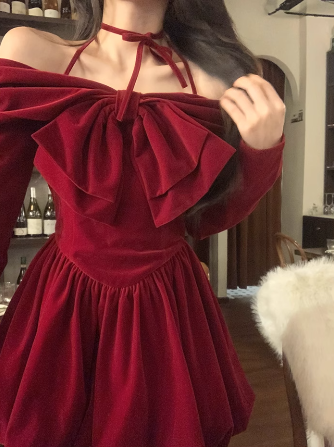 Cute Halter Long-sleeves Burgundy Velvet Short Dress Birthday Dress YM1741