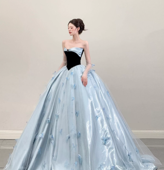 Dreamy Baby Blue Applique Silky Strapless A-Line Long Prom Dress Birthday Dress YM2597