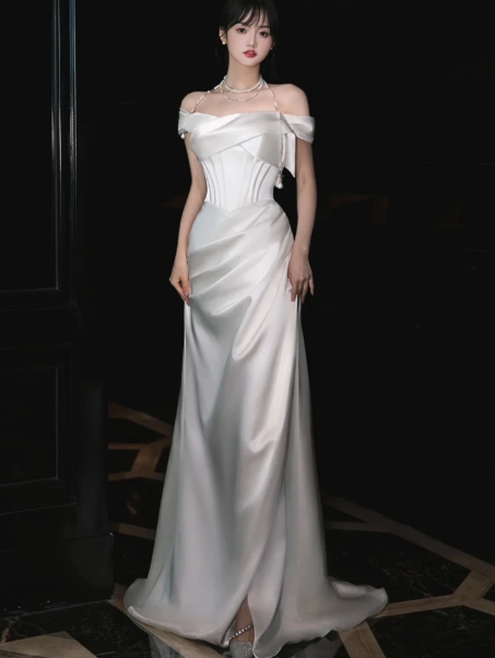 Stunning White Satin Silky Bateau Mermaid Long Prom Dress Evening Dress Ball Gown YM2655