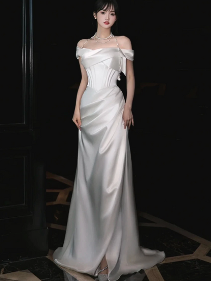 Stunning White Satin Silky Bateau Mermaid Long Prom Dress Evening Dress Ball Gown YM2655