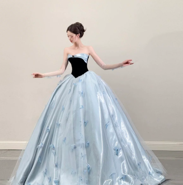 Dreamy Baby Blue Applique Silky Strapless A-Line Long Prom Dress Birthday Dress YM2597