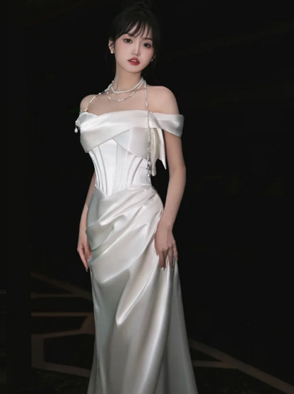 Stunning White Satin Silky Bateau Mermaid Long Prom Dress Evening Dress Ball Gown YM2655