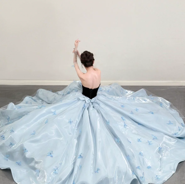 Dreamy Baby Blue Applique Silky Strapless A-Line Long Prom Dress Birthday Dress YM2597