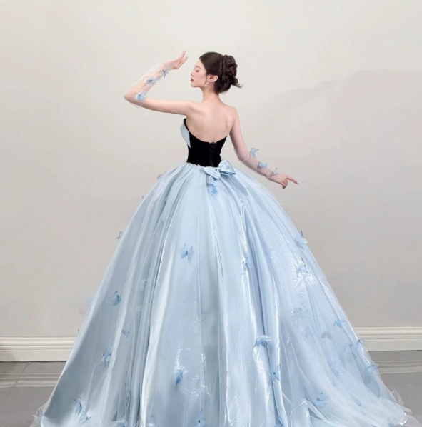 Dreamy Baby Blue Applique Silky Strapless A-Line Long Prom Dress Birthday Dress YM2597
