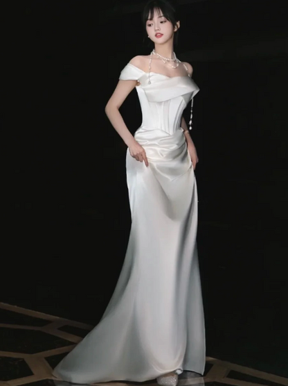 Stunning White Satin Silky Bateau Mermaid Long Prom Dress Evening Dress Ball Gown YM2655