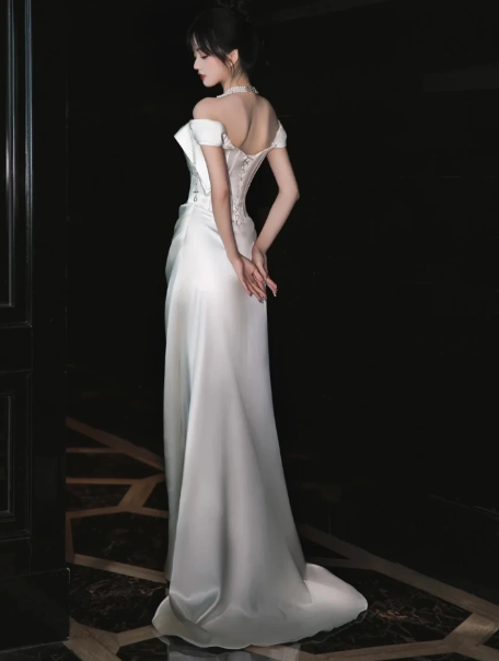Stunning White Satin Silky Bateau Mermaid Long Prom Dress Evening Dress Ball Gown YM2655