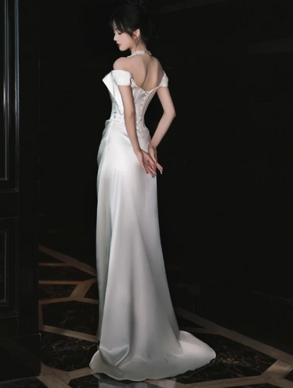 Stunning White Satin Silky Bateau Mermaid Long Prom Dress Evening Dress Ball Gown YM2655