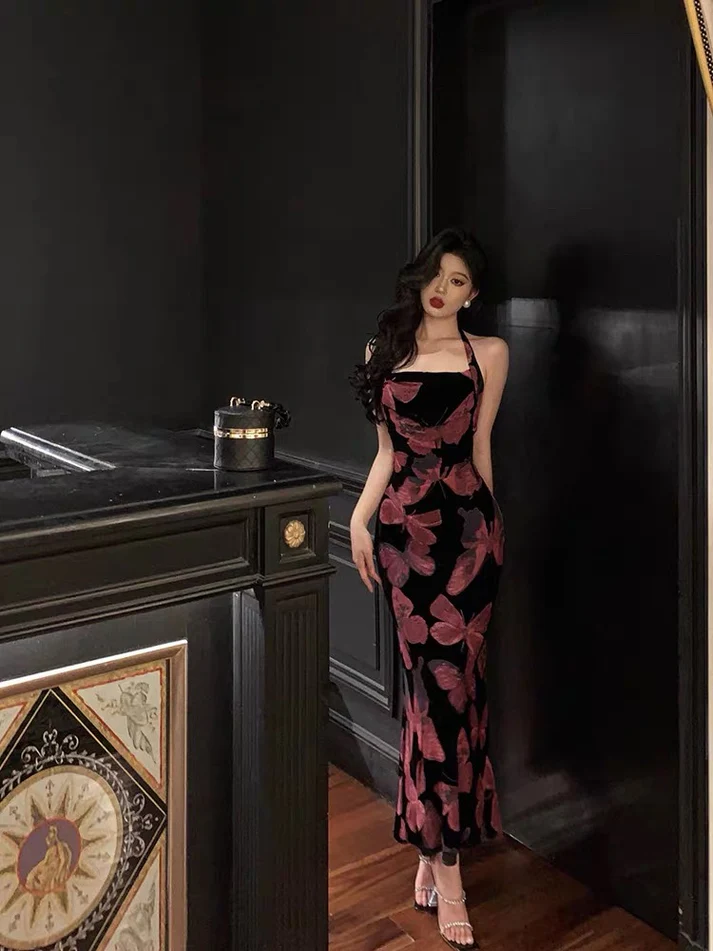 Sexy Halter Floral Sheath Prom Dress Evening Dress YM1596