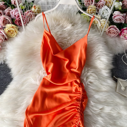 Fashionable V-neck backless drawstring pleated satin suspender dress  YM592