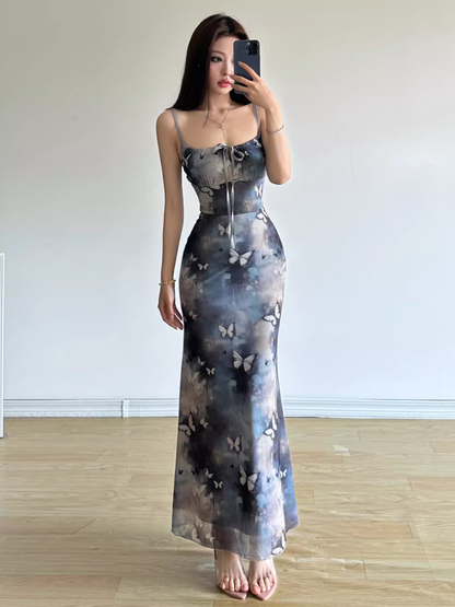 Women's retro butterfly smudged suspender dress  YM1341