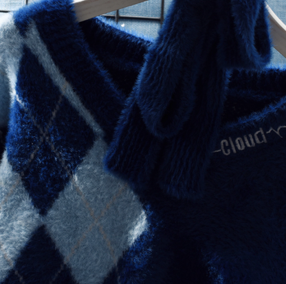 V-neck Blue Short Pullover Sweater New Style Splicing Sweater YM2387