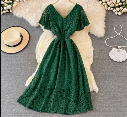 V-neck ruffle sleeve lace maxi dress,YM208